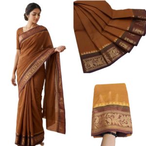 Navrabeads Chettinad Cotton Saree Coffee Brown with Brown Gold Zari Border – 80 Count Soft Cotton Saree 5.5 Meter Without Blouse | Daily, Traditional & Festive Wear