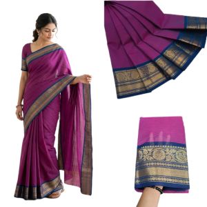 Navrabeads Chettinad Cotton Saree Magenta with Blue Gold Zari Border – 80 Count Soft Cotton Saree 5.5 Meter Without Blouse | Daily, Traditional & Festive Wear