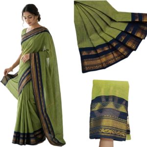 Navrabeads Chettinad Cotton Saree Olive Green with Blue Gold Zari Border – 80 Count Soft Cotton Saree 5.5 Meter Without Blouse | Daily, Traditional & Festive Wear