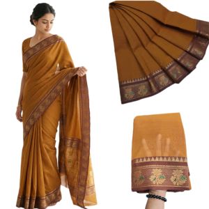 Navrabeads Chettinad Cotton Saree Coffee Brown with Brown Gold Zari Border – 80 Count Soft Cotton Saree 5.5 Meter Without Blouse | Daily, Traditional & Festive Wear