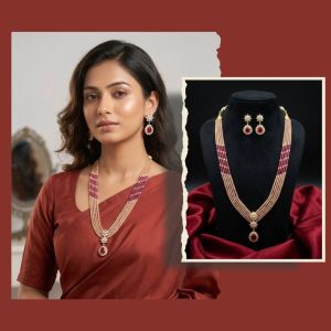 Navrabeads CZ Beads Necklace Set with Matching Pendant & Earrings – Beige & Ruby Pink 24 Inch with Gold Rope Finish | Elegant Statement Jewellery for Women