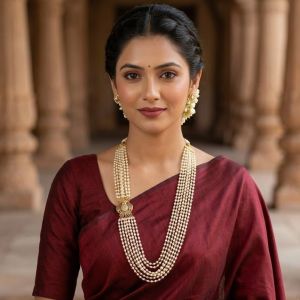 Navrabeads Bunch Pearl Chain with Gandaberunda Side Connector – 24 Inch with Gold Rope Finish | Traditional Temple Style Pearl Jewellery for Women