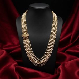 Navrabeads Bunch Pearl Chain with Gandaberunda Side Connector – 24 Inch with Gold Rope Finish | Traditional Temple Style Pearl Jewellery for Women