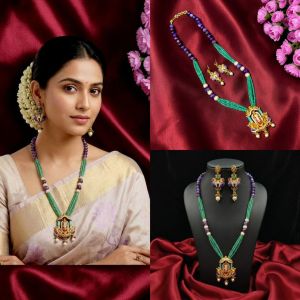 Navrabeads Antique Gold Meenakshi Temple Long Necklace Set with Amethyst, Onyx & Emerald Green CZ Beads – 22 Inch with Earrings | Traditional South Indian Jewellery