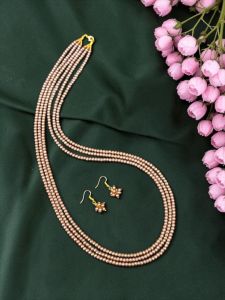 Navrabeads 3 Layer Glass Pearl Necklace Set – Bronze 20 Inch with Earrings & Gold Clasp Finish | Elegant Multi Layer Pearl Jewellery for Women, Party & Festive Wear