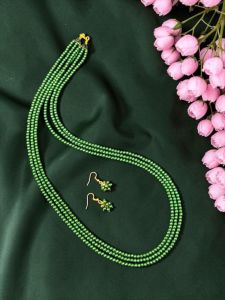 Navrabeads 3 Layer Glass Pearl Necklace Set – Green 20 Inch with Earrings & Gold Clasp Finish | Elegant Multi Layer Pearl Jewellery for Women, Party & Festive Wear