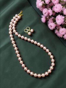 Navrabeads Swarovski Replica Pearl Necklace Set – Rose Gold Pink 20 Inch with Earrings & Gold Hook Finish | Elegant Pearl Jewellery for Women, Party & Festive Wear