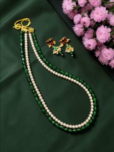 Navrabeads Quartz & Swarovski Pearl Necklace Set with Earrings – 20 Inch with Gold Back Chain | Elegant Beaded Jewellery for Women, Party & Festive Wear