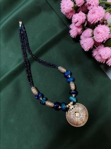 Navrabeads Onyx & Agate Bead Necklace – Dark Blue 20 Inch with Silver Hook Finish | Elegant Beaded Jewellery for Women, Party & Festive Wear