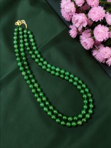 Navrabeads 2 Layer Gemstone Beads Necklace – Green 18 Inch with Gold Hook Finish | Elegant Multi Layer Beaded Jewellery for Women, Party & Festive Wear