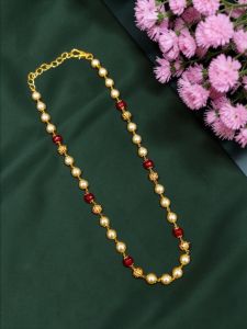 Navrabeads Swarovski Pearl & Agate Bead Necklace – Ruby Red 17 Inch with Gold Back Chain | Elegant Beaded Jewellery for Women, Party & Festive Wear