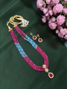 Navrabeads CZ Beads Necklace Set with Matching Pendant & Earrings – Blue & Pink 24 Inch with Rope Closure | Elegant Beaded Jewellery for Women, Party & Festive Wear
