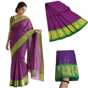 Chettinad Cotton Sarees, Purple with Green Gold zari Border