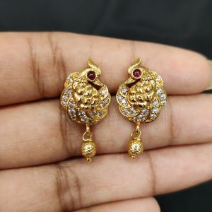 Antique Gold Finish Peacock Earrings, Pink