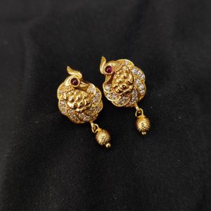 Antique Gold Finish Peacock Earrings, Pink