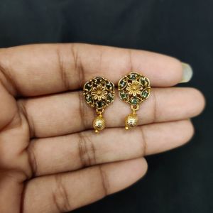 Antique Gold Finish Flower Earrings, Green