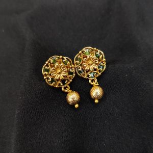 Antique Gold Finish Flower Earrings, Green