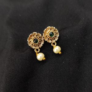 Antique Gold Finish Flower Earrings, Green