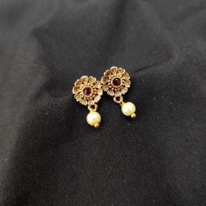 Antique Gold Finish Flower Earrings, Pink