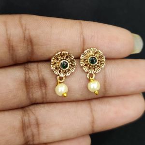 Antique Gold Finish Flower Earrings, Green