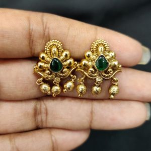 Antique Gold Finish Flower Earrings, Green