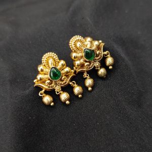 Antique Gold Finish Flower Earrings, Green