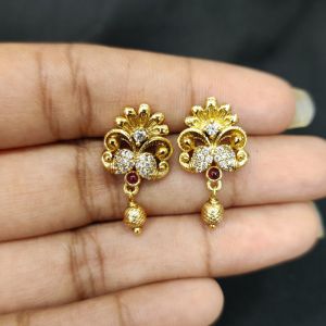 Antique Gold Finish Flower Earrings, Pink