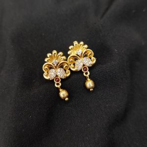 Antique Gold Finish Flower Earrings, Pink