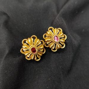 Antique Gold Finish Flower Earrings, Pink