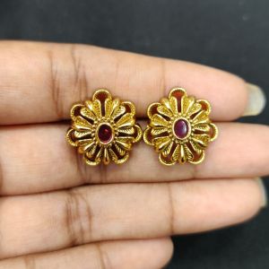 Antique Gold Finish Flower Earrings, Pink