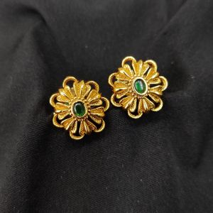 Antique Gold Finish Flower Earrings, Green