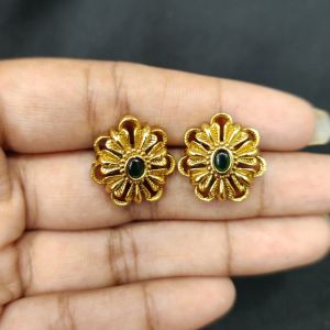 Antique Gold Finish Flower Earrings, Green