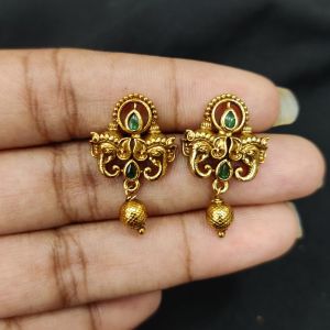 Antique Gold Finish Flower Earrings, Green