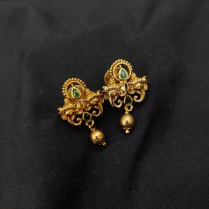 Antique Gold Finish Flower Earrings, Green