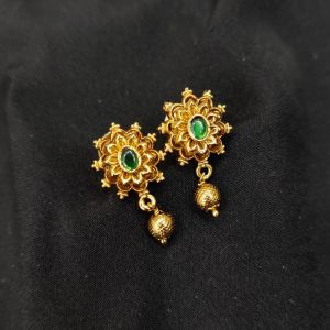 Antique Gold Finish Flower Earrings, Green