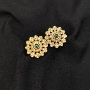 Antique Gold Finish Flower Earrings, White stones with Green
