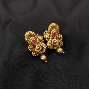 Antique Gold Finish Peacock Earrings, Pink Stone
