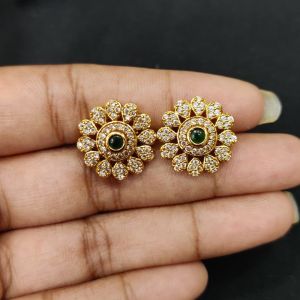 Antique Gold Finish Flower Earrings, White stones with Green