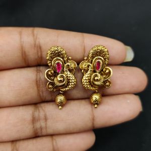 Antique Gold Finish Peacock Earrings, Pink Stone