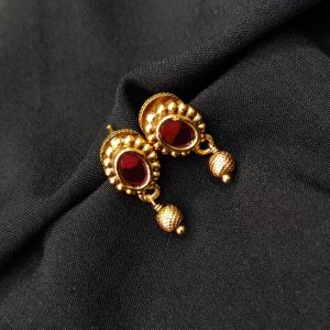 Antique Gold Finish Oval Flower Earrings, Pink