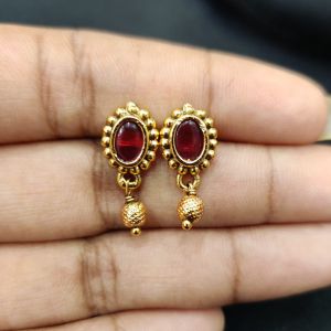 Antique Gold Finish Oval Flower Earrings, Pink