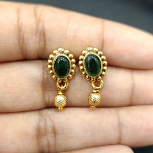 Antique Gold Finish Oval Flower Earrings, Green