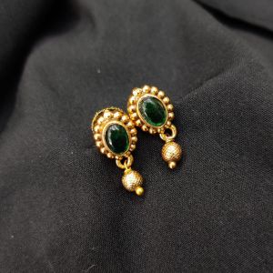 Antique Gold Finish Oval Flower Earrings, Green