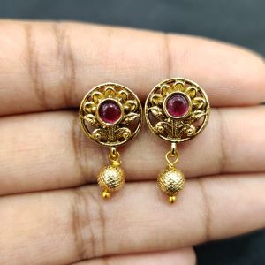 Antique Gold Finish Round Flower Earrings, Pink