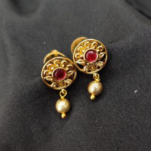 Antique Gold Finish Round Flower Earrings, Pink