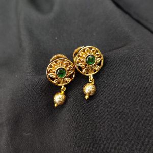 Antique Gold Finish Round Flower Earrings, Green