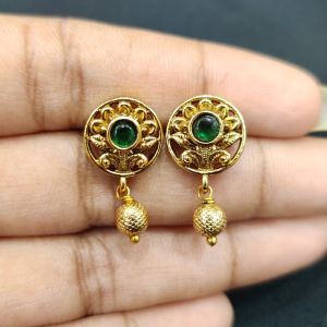 Antique Gold Finish Round Flower Earrings, Green