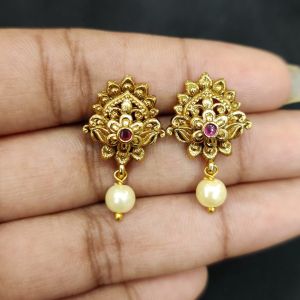 Antique Gold Finish Flower Earrings, Pink