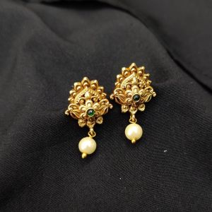 Antique Gold Finish Flower Earrings, Green