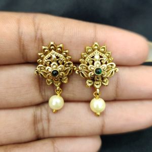 Antique Gold Finish Flower Earrings, Green